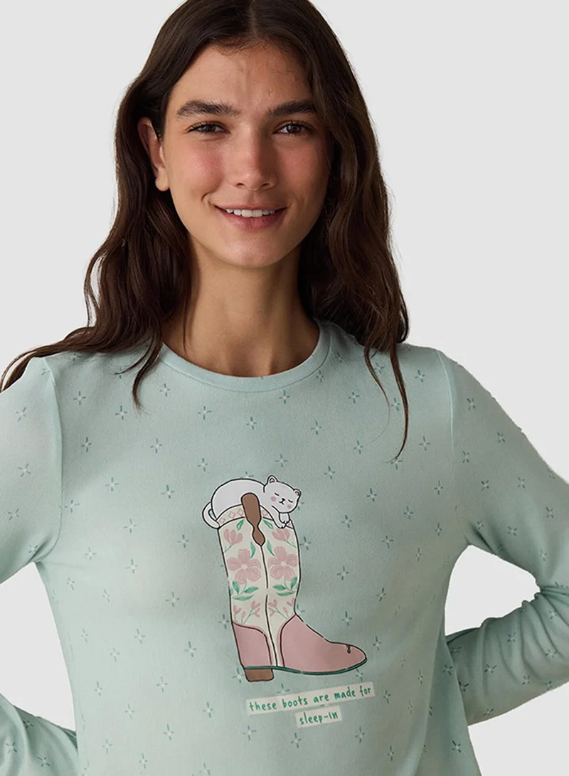 بنتي Thermal Effect Crew Neck Long Sleeve Pajama Top with Sleep-In Slogan